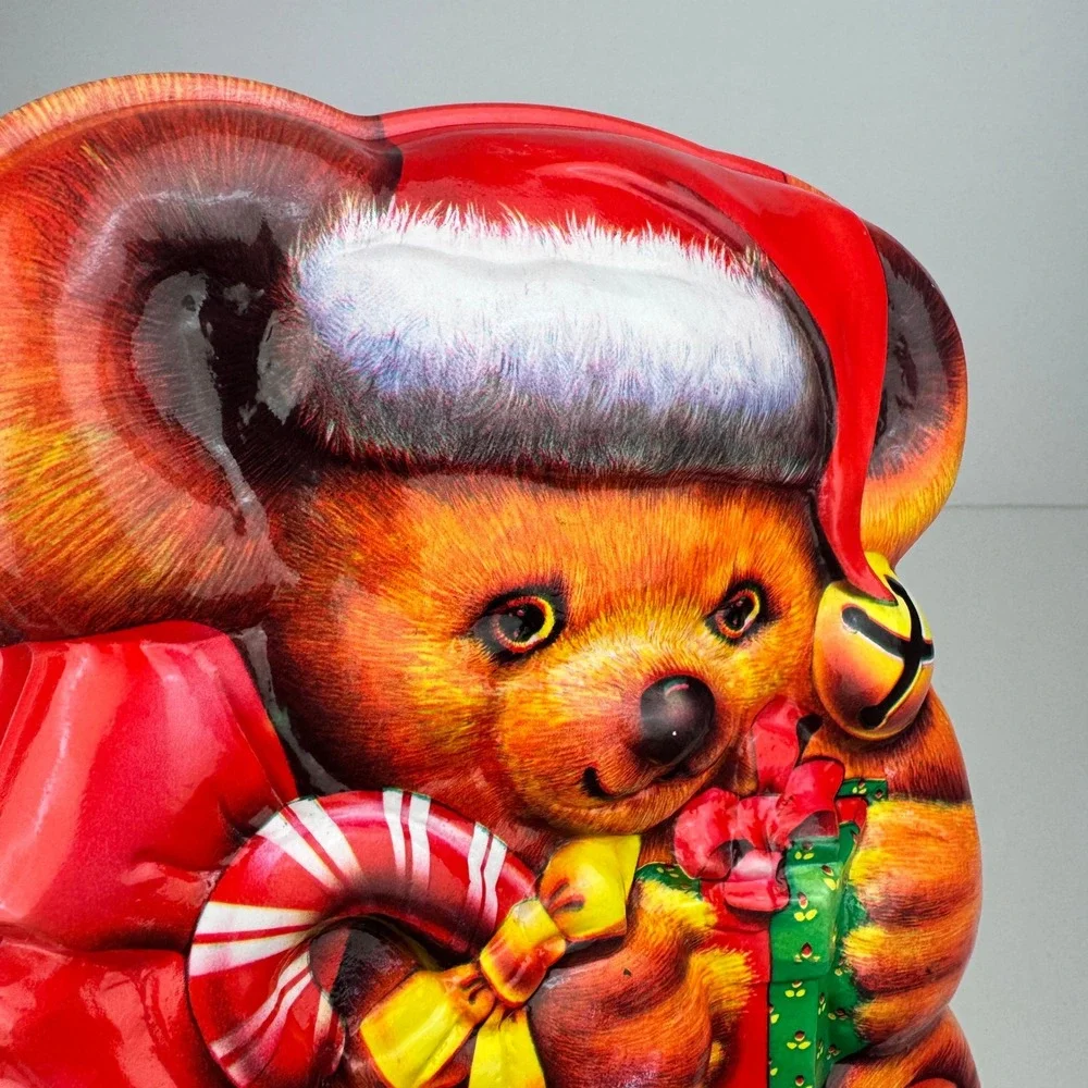 Vtg Teddy‎ Bear Ullman Plastic 3D Collectible Container Christmas Theme w Lid